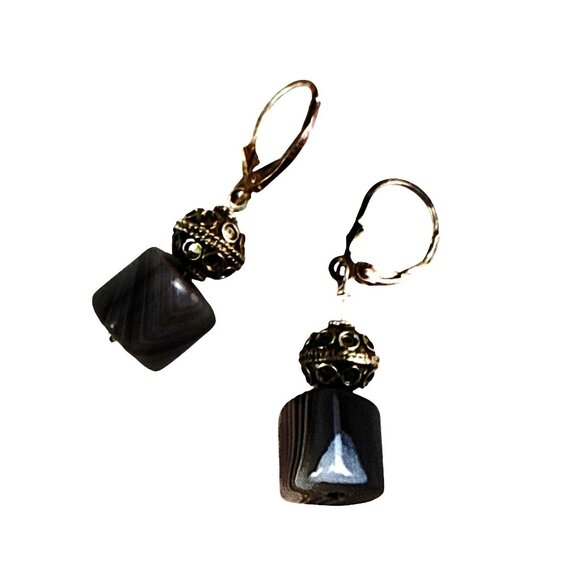 Vintage Sterling Silver Earrings Gray Banded Agate Beads Dangle Hook Artisan - Picture 6 of 7